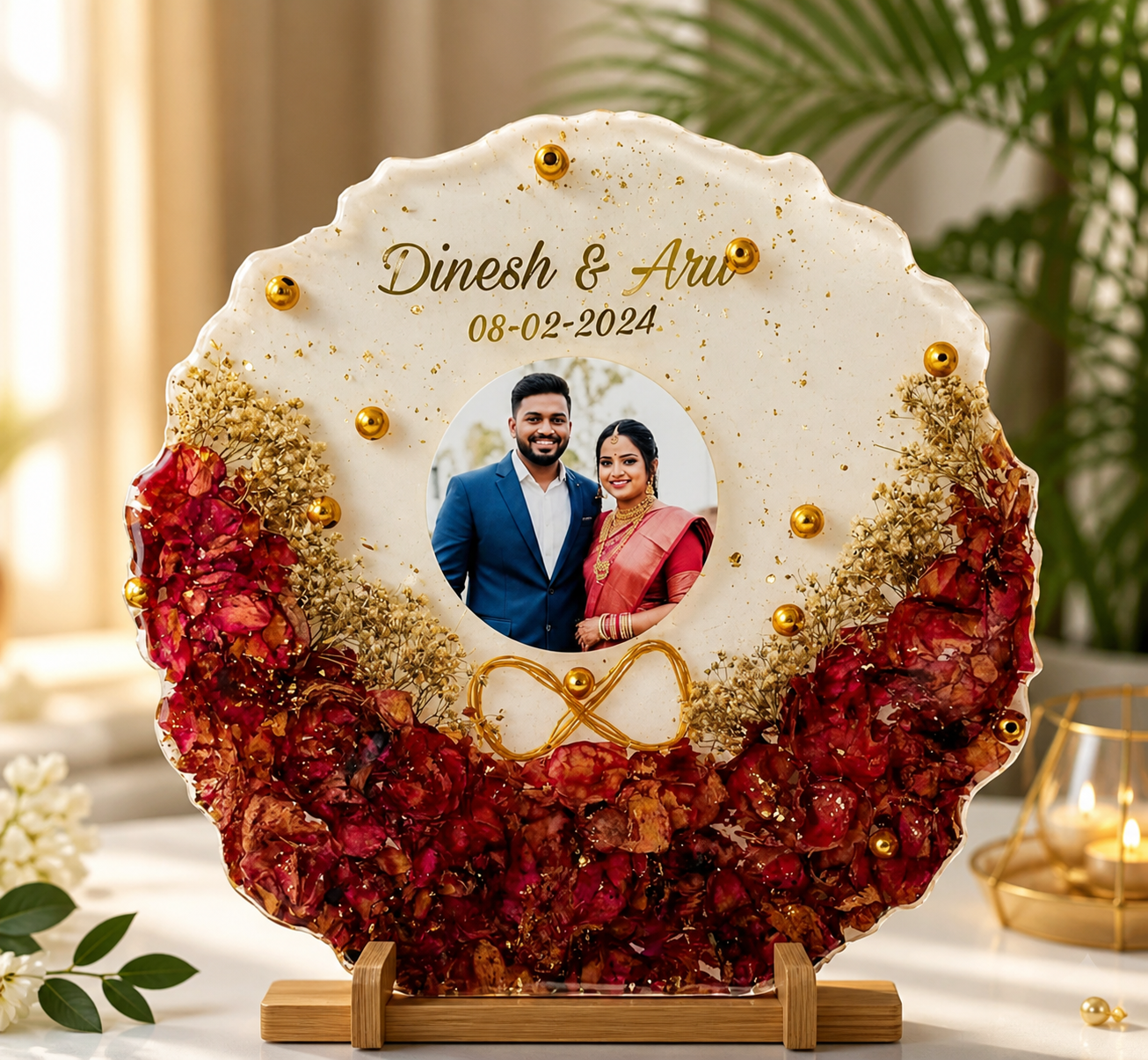 Personalized Resin Photo Frame – Wedding Keepsake with Real Floral Art