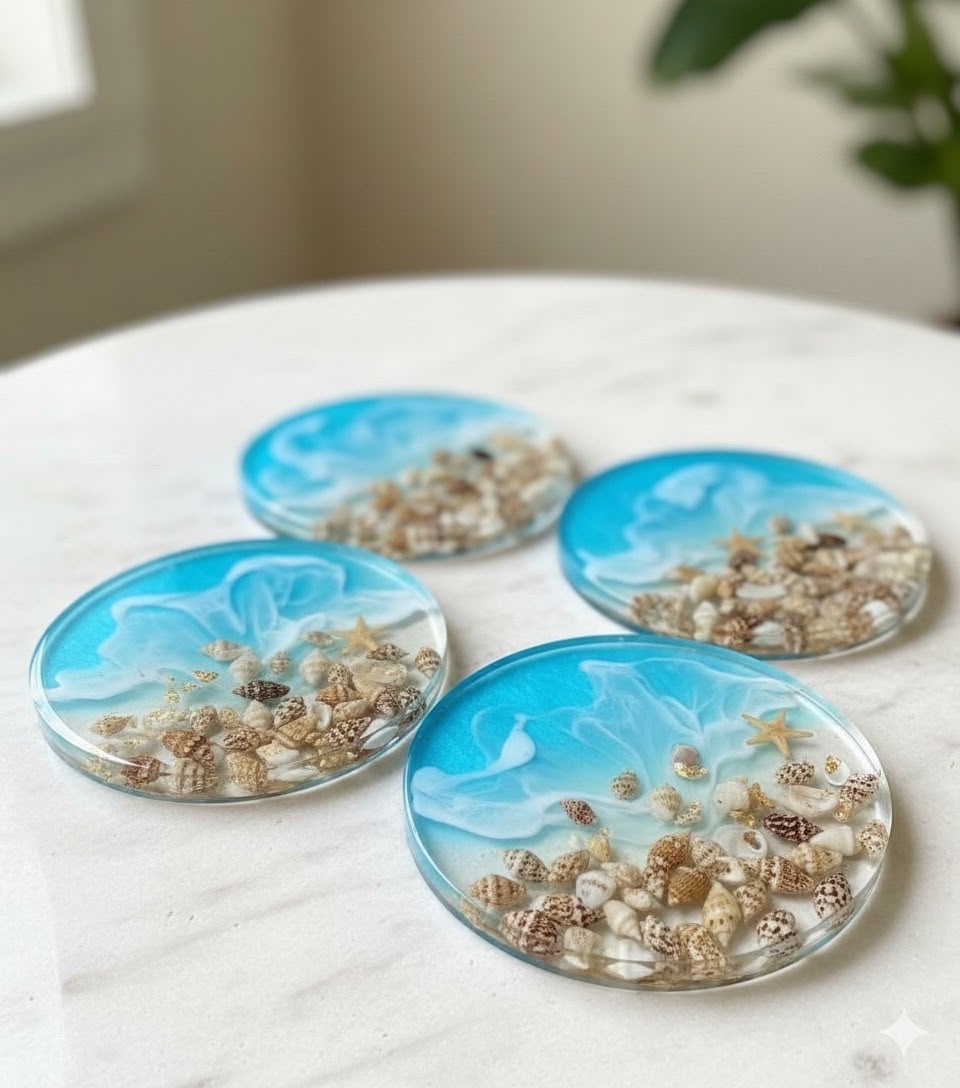 Ocean Resin Coaster Set of 4 with Real Seashells – Handcrafted Beach Décor
