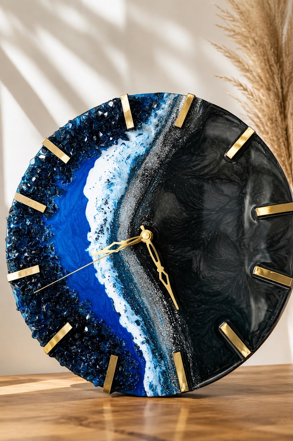 Midnight Ocean Resin Wall Clock – Handmade Luxury Epoxy Art with Blue Crystals