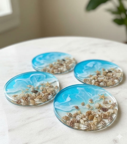 Ocean Resin Coaster Set of 4 with Real Seashells – Handcrafted Beach Décor