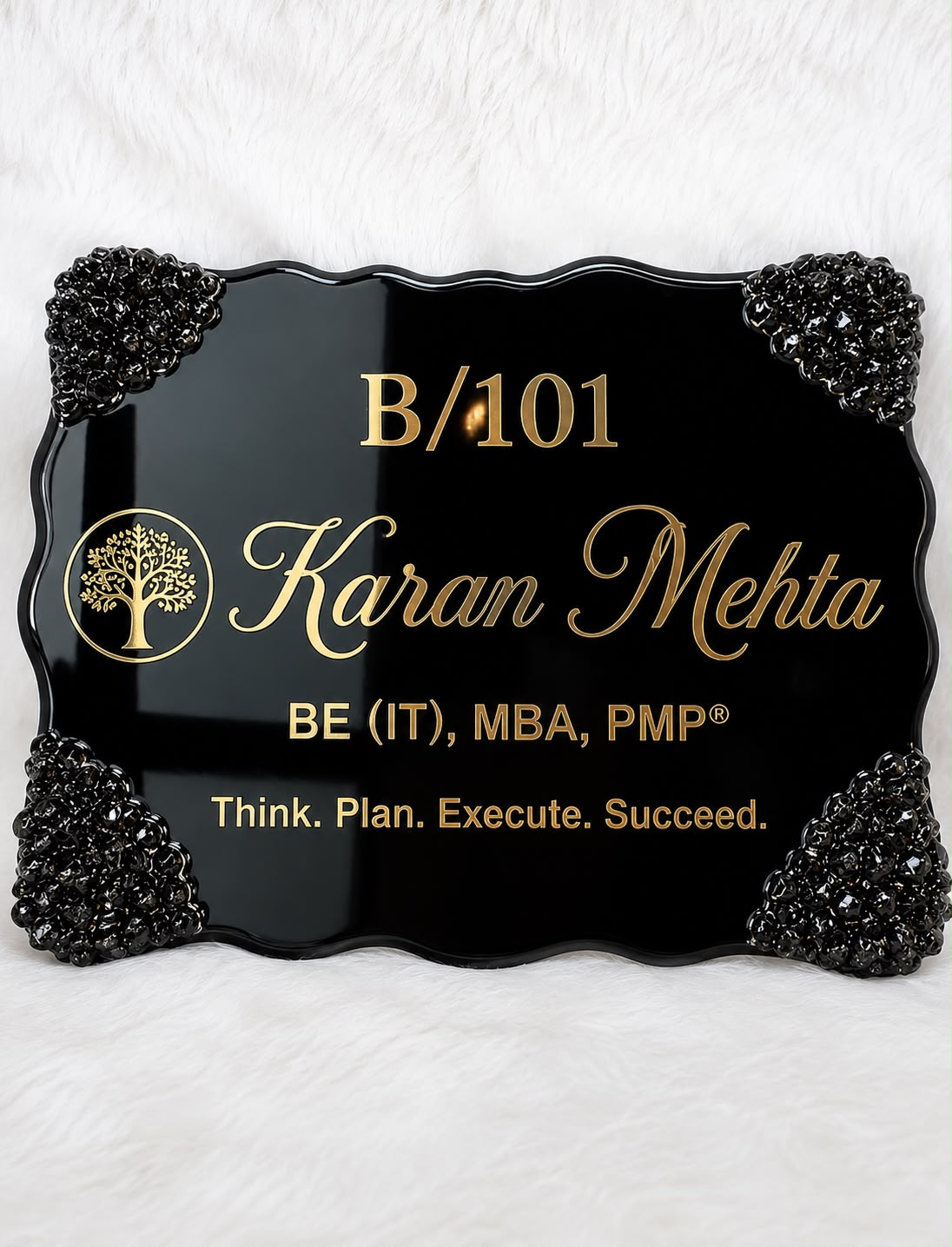 Premium customized black resin name plate with gold engraved text A/202 Aditya Sharma and crystal corner embellishments by SPRAZYN