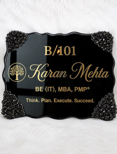 Premium customized black resin name plate with gold engraved text A/202 Aditya Sharma and crystal corner embellishments by SPRAZYN